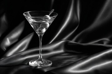 Black and white martini glass with olives on draped fabric