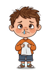 Obraz premium Kid with runny nose: cartoon boy holding napkin and looking sad— illustration for medical, educational and parenting topics