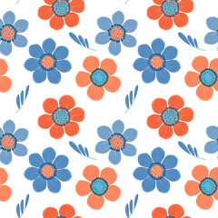 Autumn pattern with flowers and leaves, botanical elements in flat style.