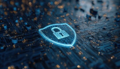 Abstract circuit board with glowing security shield