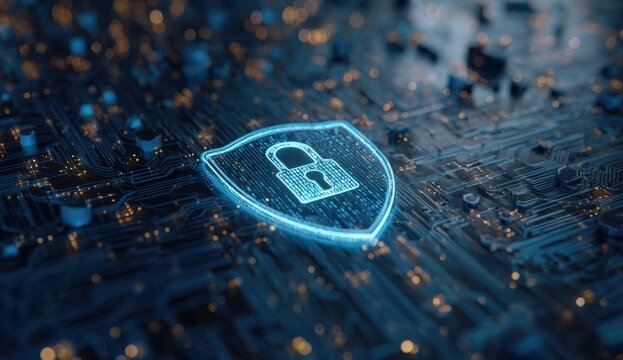 Abstract circuit board with glowing security shield