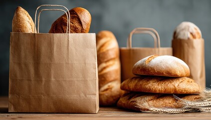 Brown paper bags filled with assorted loaves of bread, some stacked, on a wooden surface