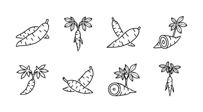 Collection of cassava root and leaf illustrations in a distinctive silhouette style