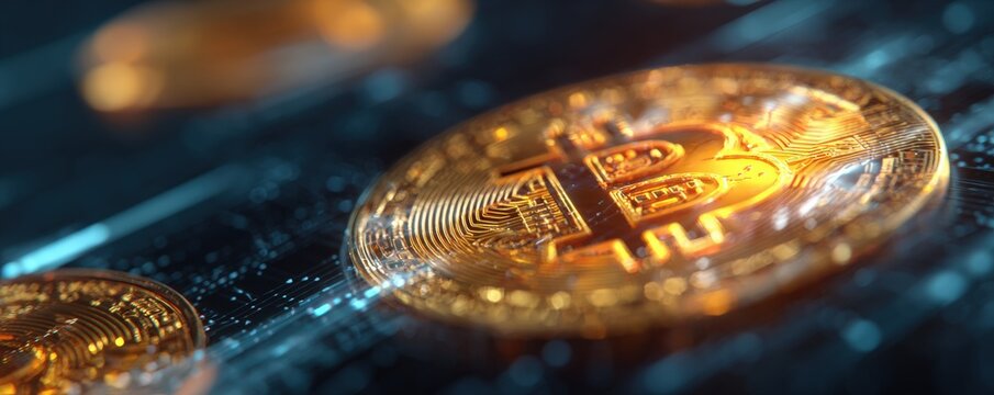Close-up of golden Bitcoin coins, digital technology