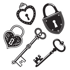 Collection of vintage and heart shaped padlocks and ornate keys in black and white silhouette style for design elements