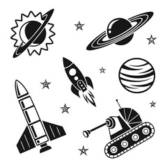 A whimsical collection of black and white cartoon style icons depicting celestial bodies rockets and a lunar rover set against a white background with scattered stars © Shope3
