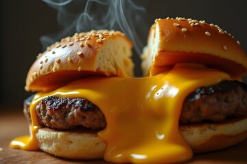 Delicious burger with beef patty and melted cheese dripping from the bun, close-up view