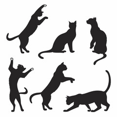 Collection of dynamic black cat silhouettes in various playful poses and actions on a clean white background illustrating movement and agility