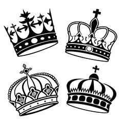 A collection of four distinct black and white stylized crown illustrations displayed on a white background representing royalty power and authority © Shope3