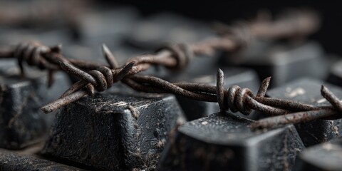 Rusty barbed wire on dark computer keys