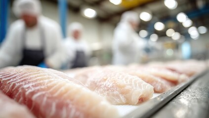 Frozen fish fillets on a conveyor belt in a food processing plant