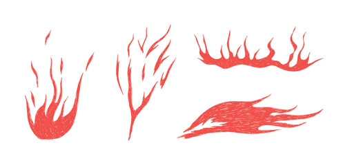 Hand drawn Fire Flame set. Hot crayon flames shapes in cartoon style. Grunge grafitti icons for tattoo, punk rock stickers, sketch. Funky red chalk brush elements. Isolated doodle vector illustration.
