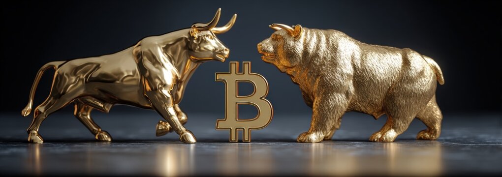 Golden bull and bear statues facing each other with bitcoin symbol in between - Powered by Adobe