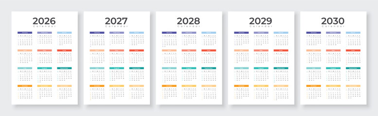 2026, 2027, 2028, 2029, 2030 year annual calendars. White background English language. Printable vector illustration set.