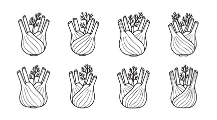 Eight hand drawn fennel bulbs with greens in a stylized silhouette
