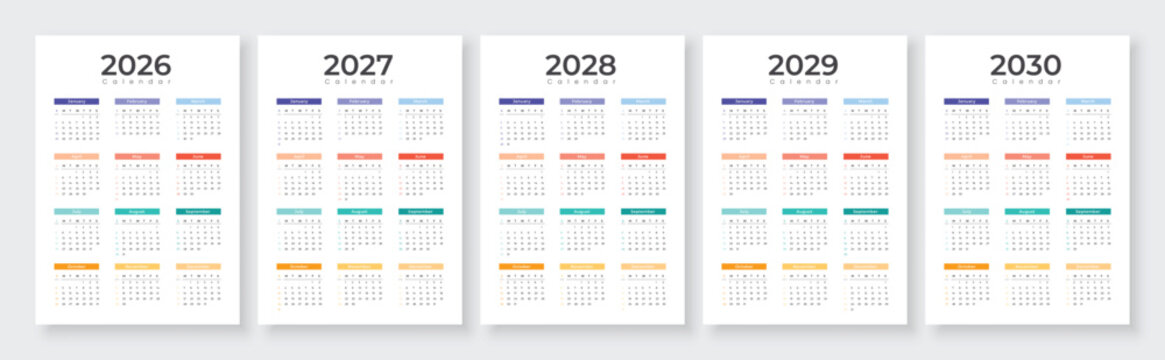2026, 2027, 2028, 2029, 2030 year annual calendars. White background English language. Printable vector illustration set.