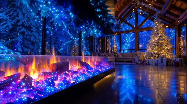 Scandinavian cabin with large round window, snowy forest view and warm fire inside. Cozy winter scene in deep blue and fiery colors.