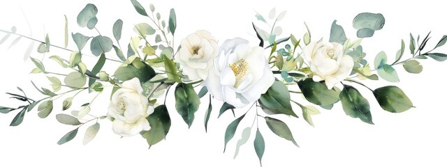 Watercolor painting of a horizontal arrangement of off-white roses and eucalyptus leaves on a white background © Hardian
