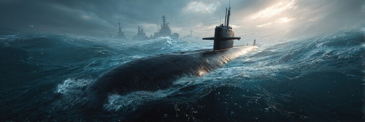 Submarine navigating stormy ocean