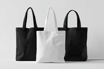Three tote bags, one white, two black, stand on a light gray background, showcasing their simple design and various sizes