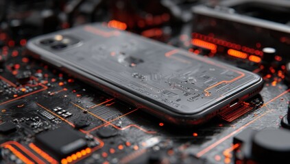 Close-up of a futuristic smartphone case on a circuit board