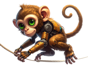 Energetic Robot Monkey, Mid-Swing, Isolated.