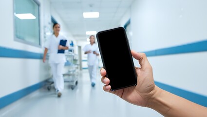 A hand holds a smartphone in a hospital hallway, with nurses and a gurney visible in the blurred background.