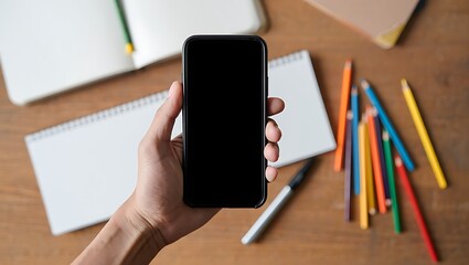 A person's hand holding a smartphone with a blank black screen over a wooden desk with notebooks and colored pencils.