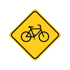 Yellow diamond-shaped road sign with a black bicycle symbol indicating a bicycle crossing or route ahead.