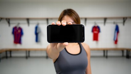 Woman in a changing room holds up a smartphone with a blank screen, jerseys visible in background.