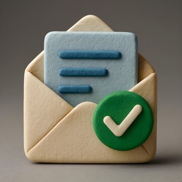 Verified email notification 3D clay illustration of an envelope with document and green checkmark
