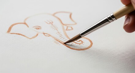 Artist's hand painting a Ganesha outline on white canvas with a fine brush