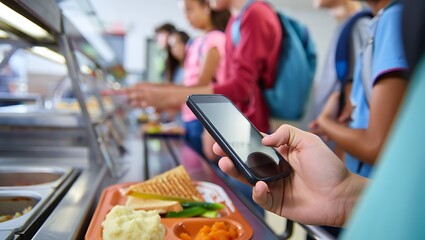 A student's hand holds a smartphone above a school lunch tray filled with food, while other students wait in a cafeteria line.