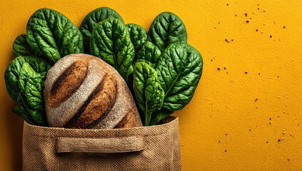 Freshly baked bread and spinach in a reusable bag on a vibrant yellow surface