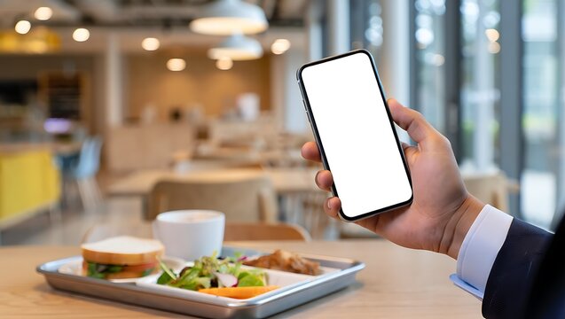 Businessman holding a smartphone with blank screen, in a cafe, while enjoying a light lunch.