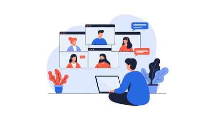 Online meeting with remote team members on video conference call.