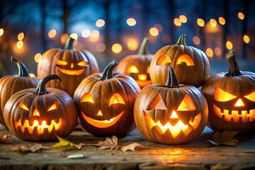 Glowing Jack O Lanterns Displayed on a Rustic Wooden Surface with a Bokeh Background for a Spooky Halloween Celebration