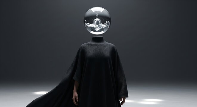 Surreal portrait of a faceless figure in black with a liquid glass sphere head