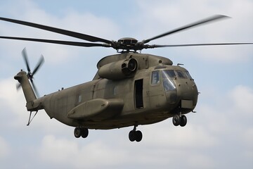 Sikorsky CH-53 Sea Stallion Helicopter Description
​A Sikorsky CH-53 Sea Stallion helicopter, painted in a military green, is captured mid-flight against a partly cloudy, light blue sky.