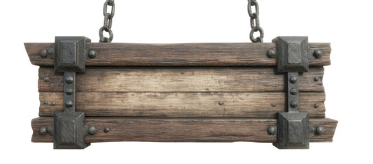 High quality photo of rustic wooden sign hanging by chains isolated on transparent background.