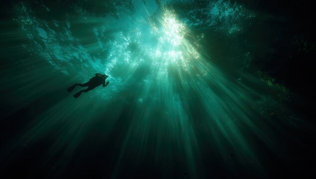 Sunlight beams through underwater depths, highlighting diver