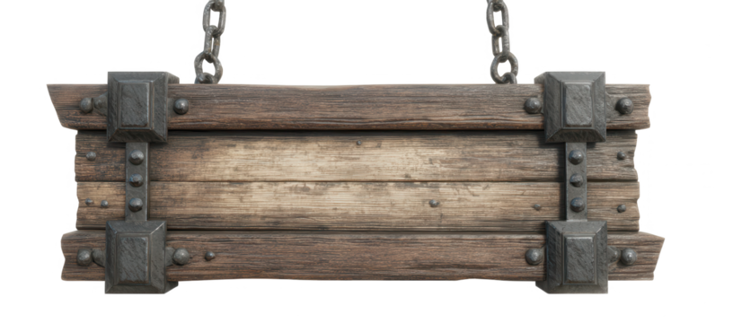 High quality photo of rustic wooden sign hanging by chains isolated on transparent background. - Powered by Adobe