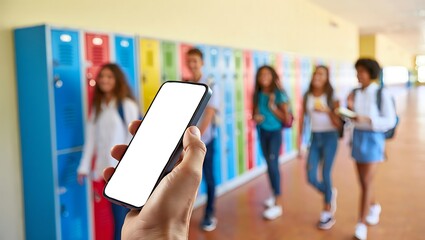 Close-up of a hand holding a smartphone, blurred background of students walking in a school hallway.