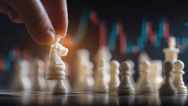 Hand placing chess piece on board - Powered by Adobe