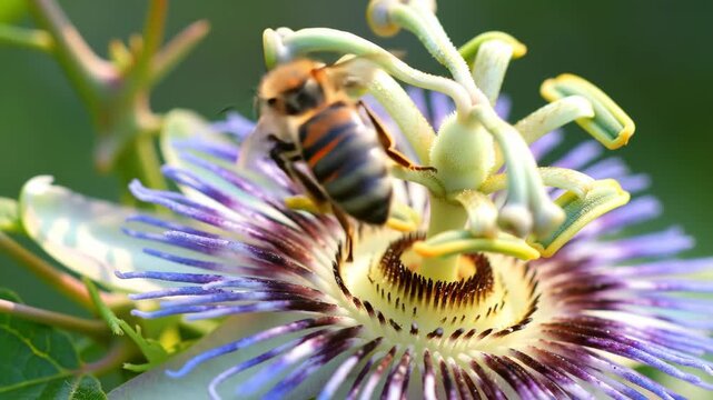 Honeybee Gathering Pollen on a Exotic Purple Passion Flower