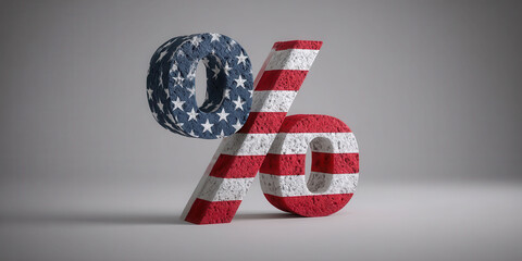 A stylized percentage symbol featuring American flag colors and textures, emphasizing themes of patriotism and finance.