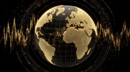 A digital representation of Earth with golden continents and sound wave patterns radiating outward, symbolizing connectivity and global communication.