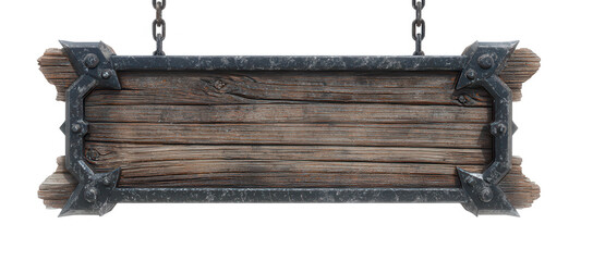 High quality photo of rustic wooden sign with ornate metal frame isolated on transparent background.