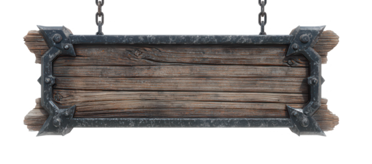 High quality photo of rustic wooden sign with ornate metal frame isolated on transparent background.