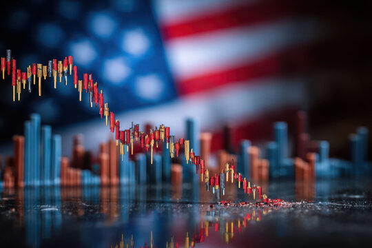 A stock market chart shows a downward trend against a blurred American flag backdrop, symbolizing economic challenges or market decline.